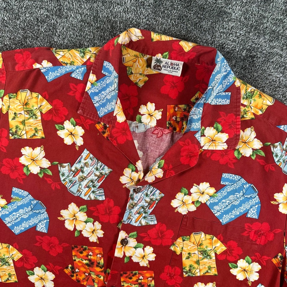 Aloha Republic Hawaiian Shirt Mens XL Red Novelty Print Cotton Camp Made USA